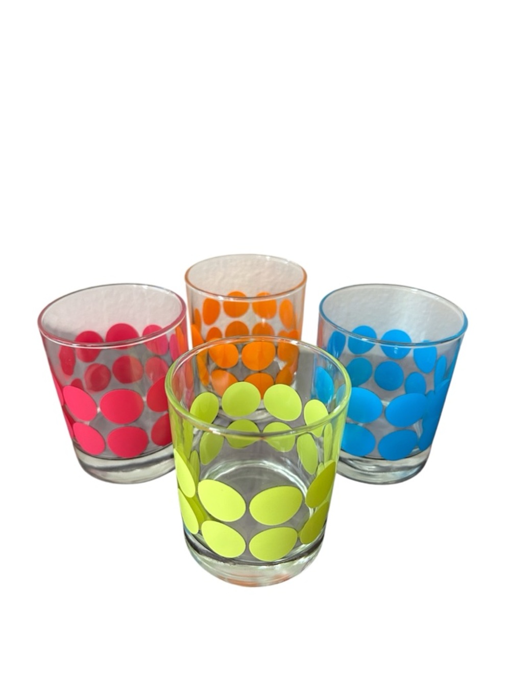 Vintage Polka Dots Blue, Yellow, Dark Pink & Green Lowball Set of 4 Glasses